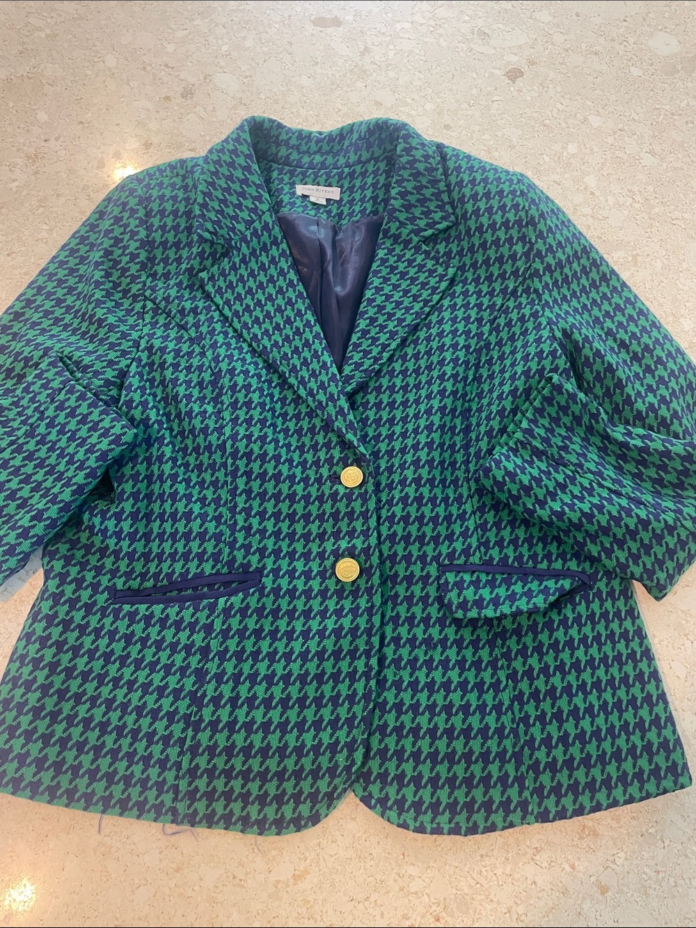 Joan Rivers Green & Navy Houndstooth Blazer with Gold Buttons